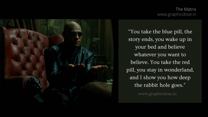 “You take the blue pill, the story ends, you wake up in your bed and believe whatever you want to believe. You take the red pill, you stay in wonderland, and I show you how deep the rabbit hole goes.”
Morpheus dialogue from the Matrix. Movie